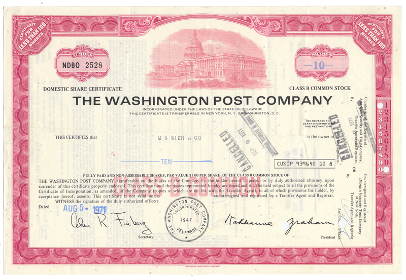 Washington Post Company Stock Certificate