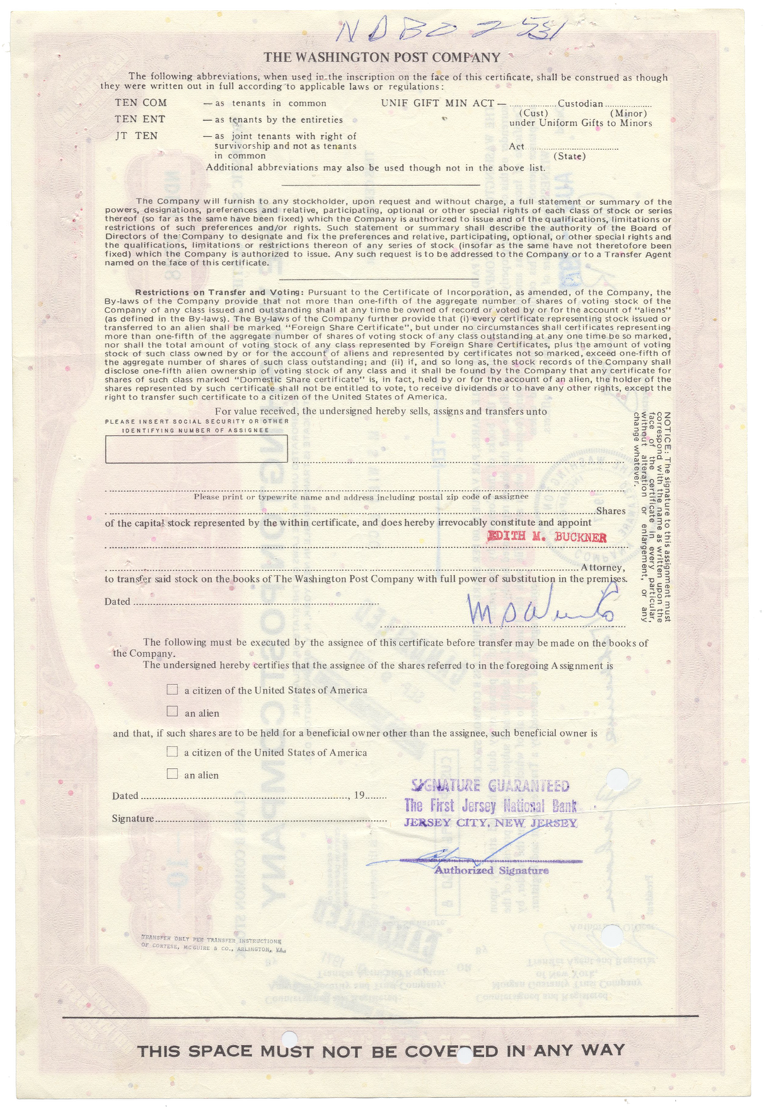 Washington Post Company Stock Certificate