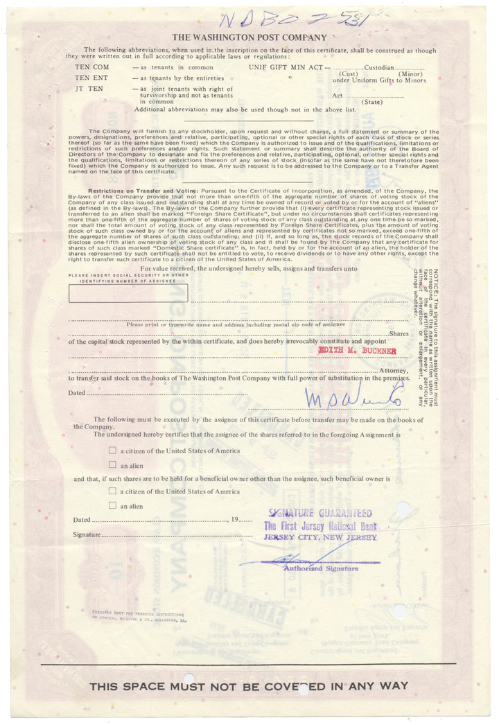 Washington Post Company Stock Certificate