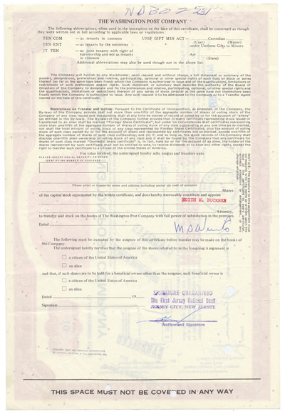 Washington Post Company Stock Certificate