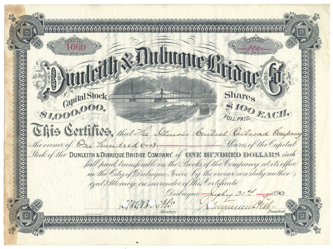 Dunleith & Dubuque Bridge Company Stock Certificate Signed by Stuyvesant Fish