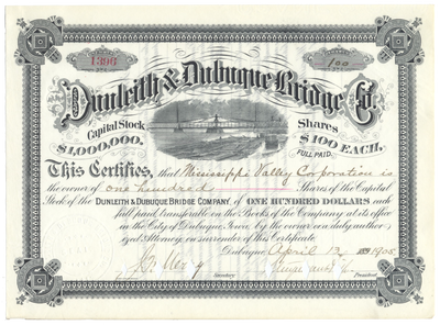 Dunleith & Dubuque Bridge Company Stock Certificate Signed by Stuyvesant Fish