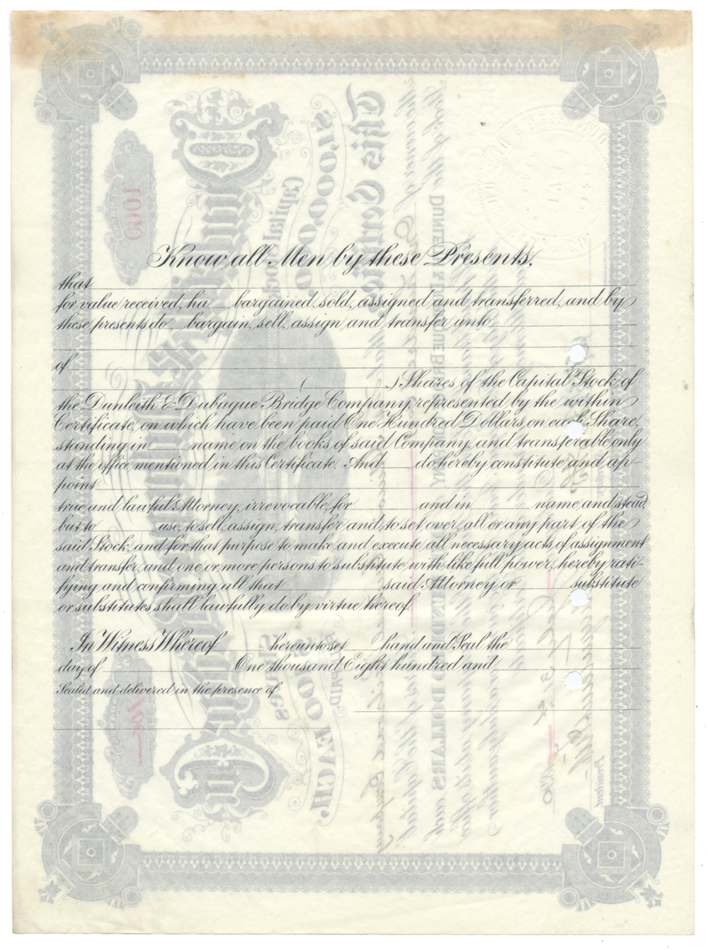 Dunleith & Dubuque Bridge Company Stock Certificate Signed by Stuyvesant Fish