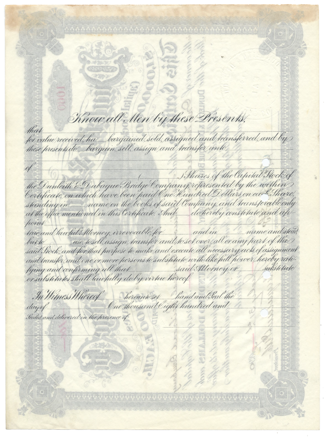 Dunleith & Dubuque Bridge Company Stock Certificate Signed by Stuyvesant Fish