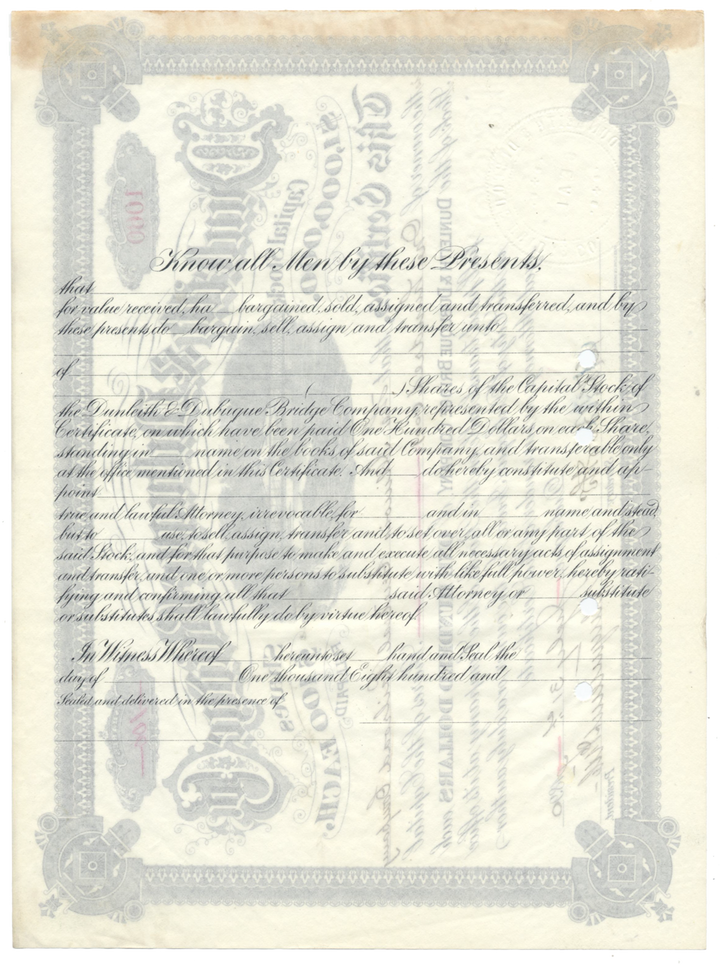 Dunleith & Dubuque Bridge Company Stock Certificate Signed by Stuyvesant Fish