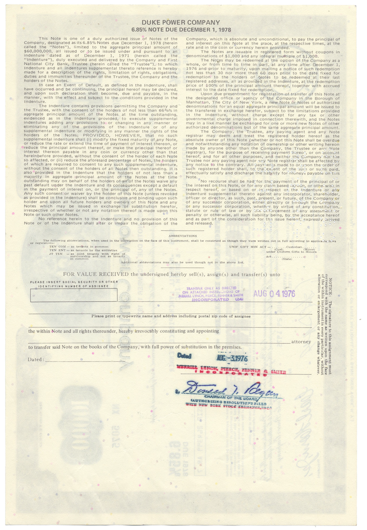 Duke Power Company Bond Certificate