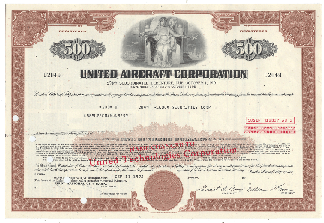 A vintagee United Aircraft Corporation bond certificate from 1975
