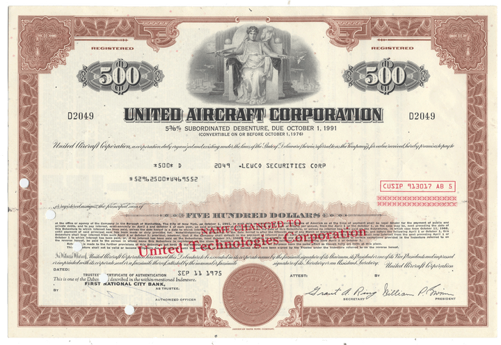 A vintagee United Aircraft Corporation bond certificate from 1975
