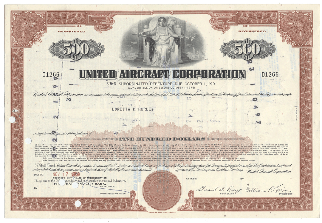 A vintagee United Aircraft Corporation bond certificate from 1969