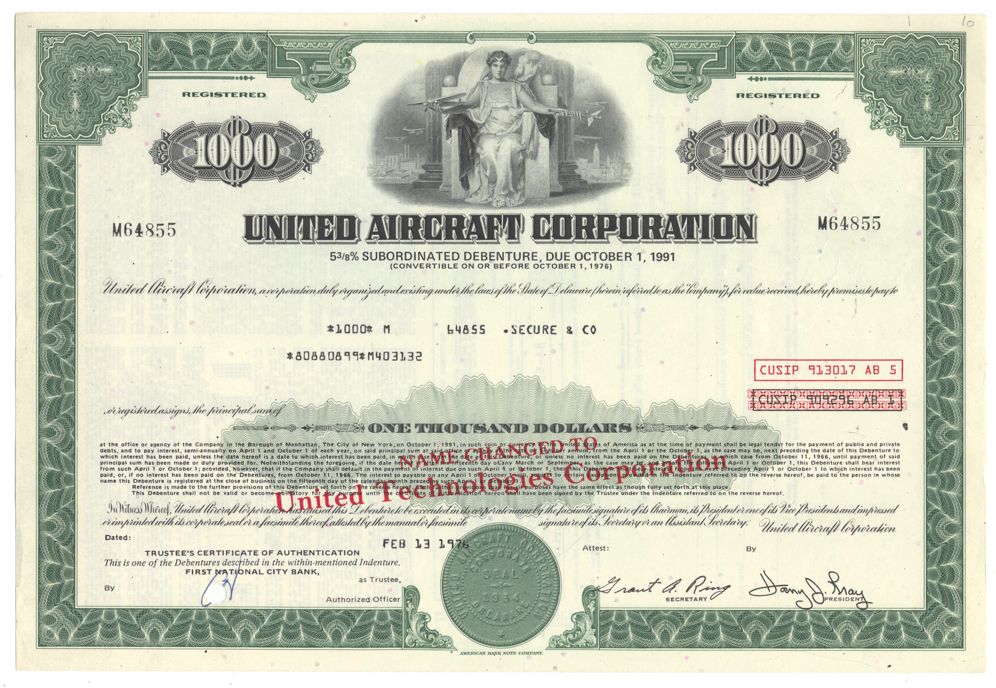 United Aircraft Corporation bond certificate certificate from the 1970's