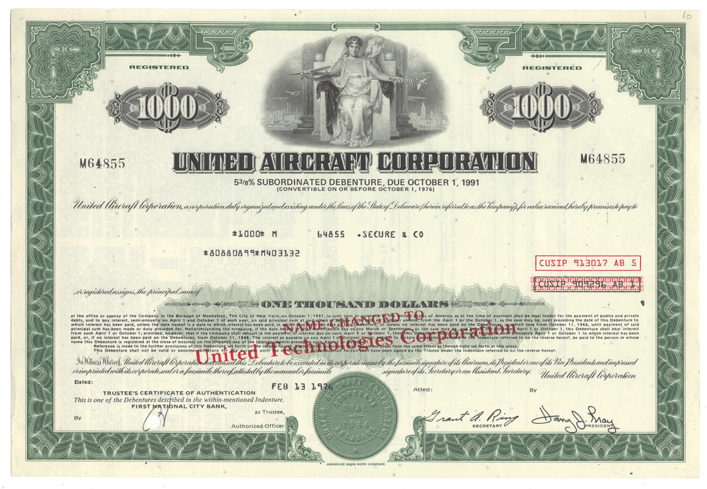 United Aircraft Corporation bond certificate certificate from the 1970's