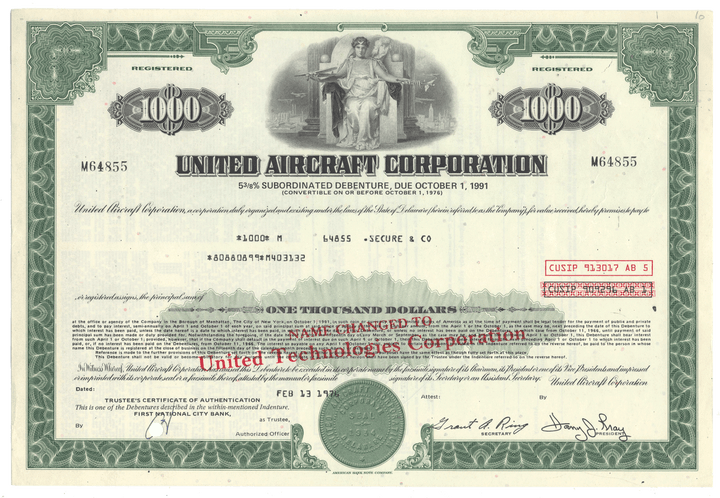 United Aircraft Corporation bond certificate certificate from the 1970's