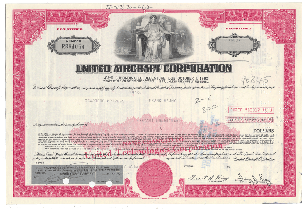 A vintagee United Aircraft Corporation bond certificate from 1983