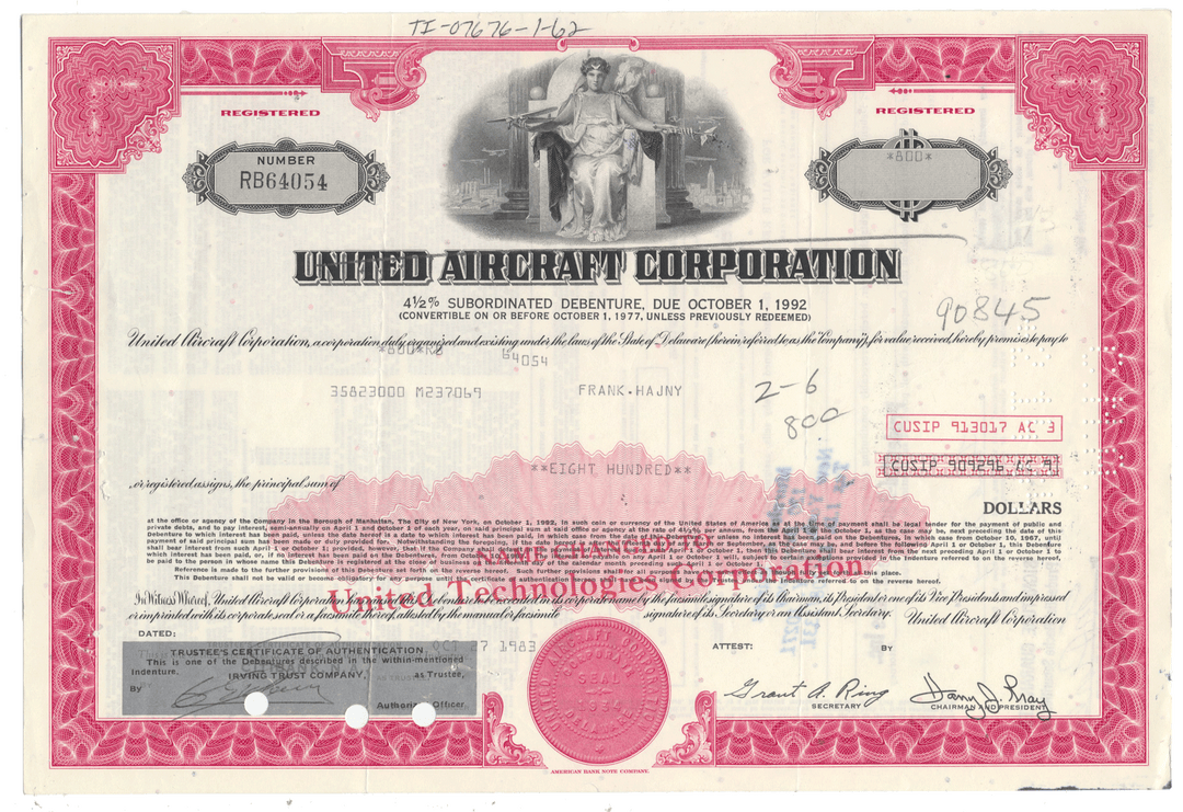 A vintagee United Aircraft Corporation bond certificate from 1983