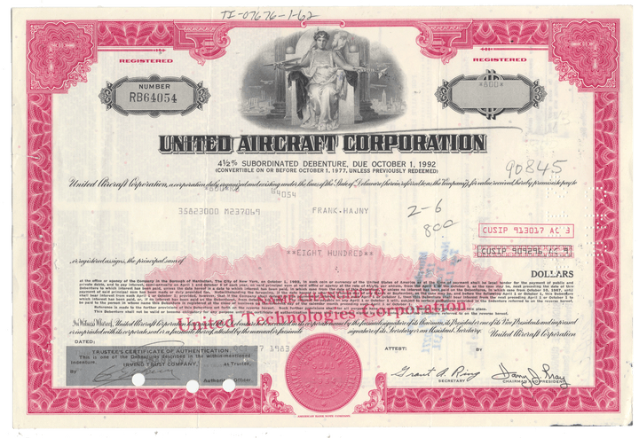A vintagee United Aircraft Corporation bond certificate from 1983