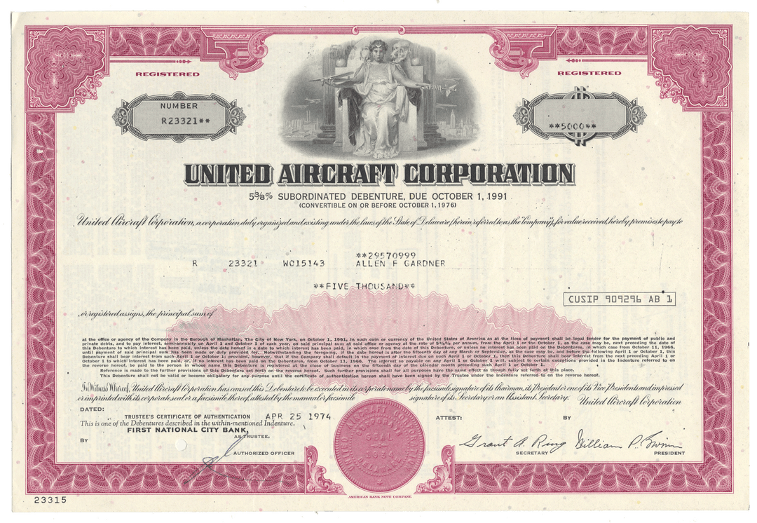 United Aircraft Corporation bond certificate certificate from the 1970's