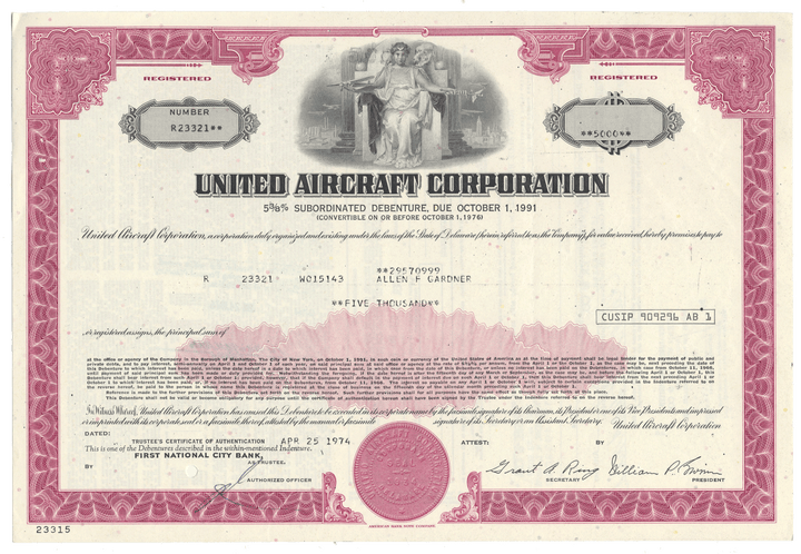 United Aircraft Corporation bond certificate certificate from the 1970's