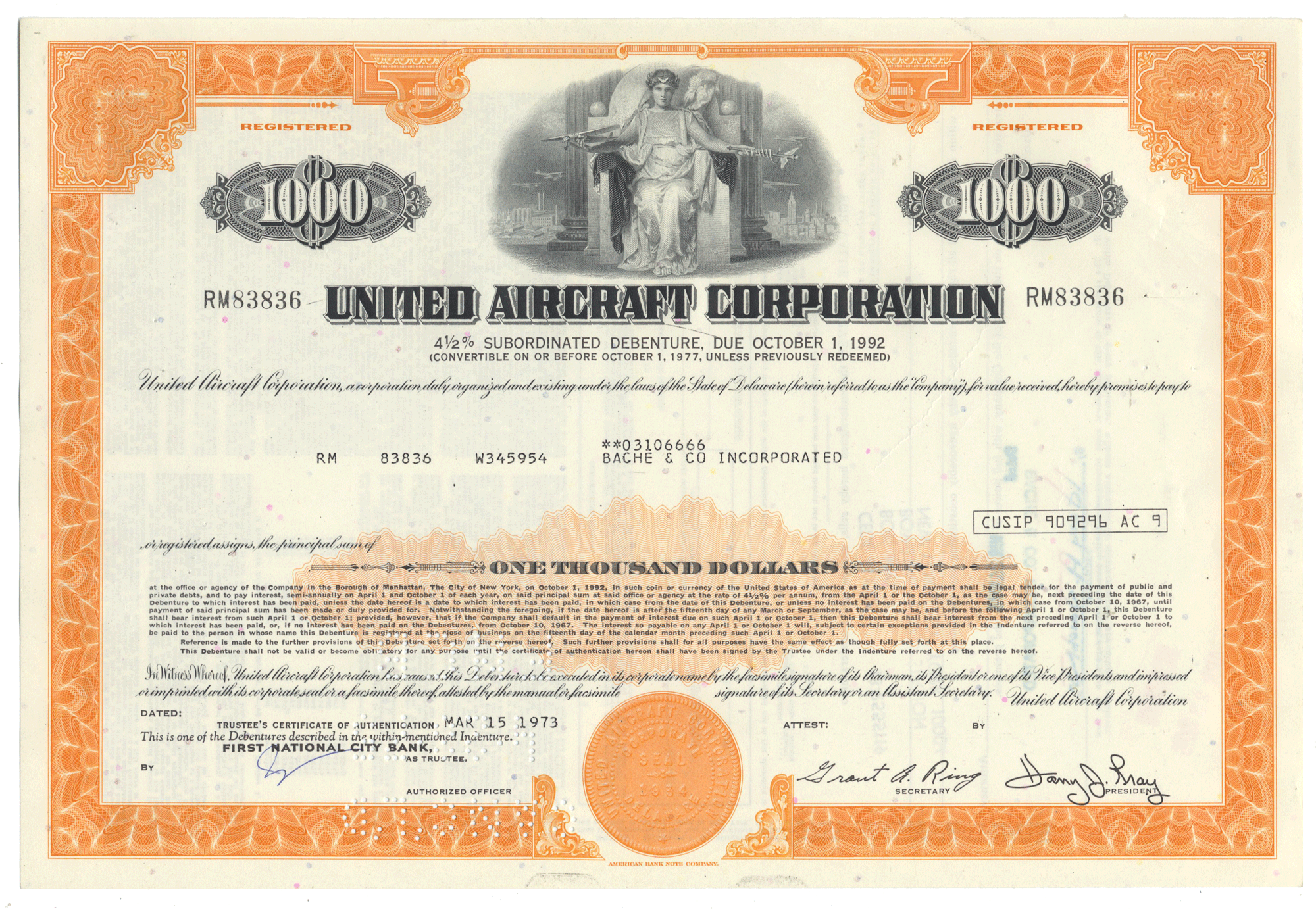 United Aircraft Corporation bond certificate certificate from the 1970's