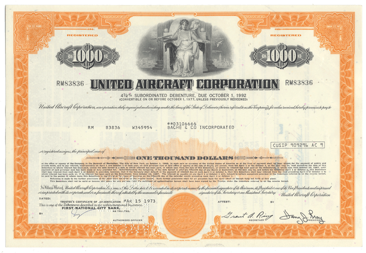 United Aircraft Corporation bond certificate certificate from the 1970's
