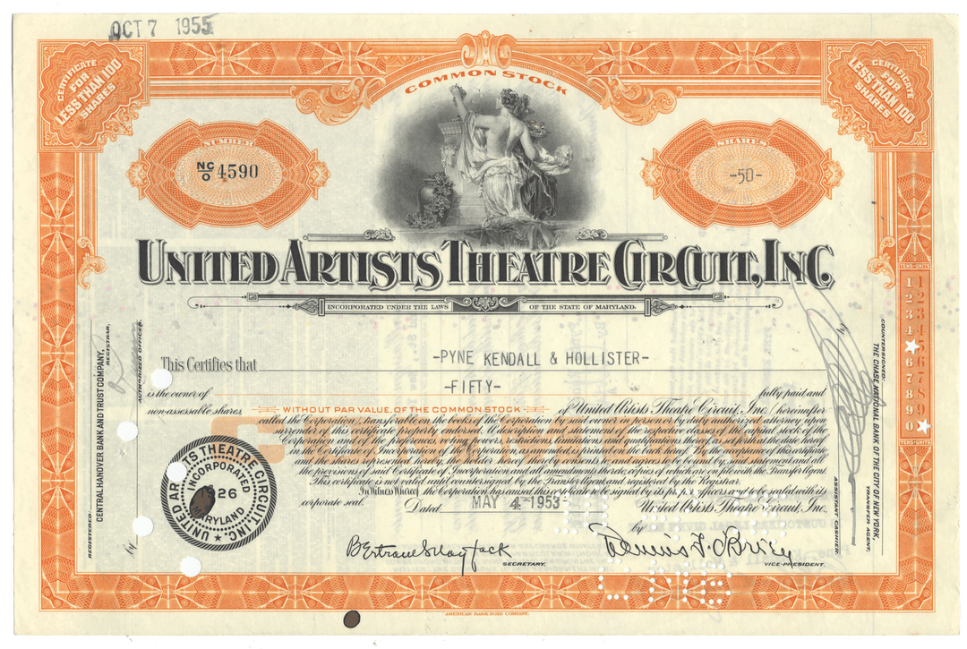 United Artists Theatre Circuit, Inc. stock certificate with decorative elements
