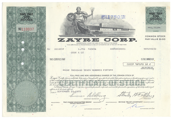 Zayre Corp. Stock Certificate