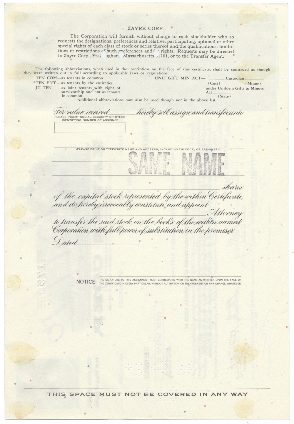 Zayre Corp. Stock Certificate