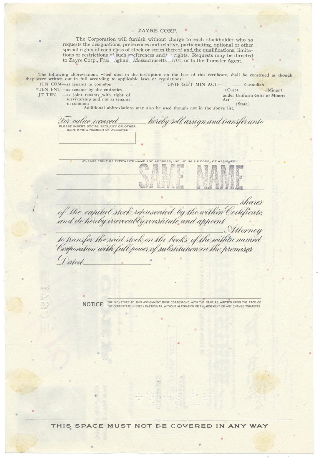 Zayre Corp. Stock Certificate