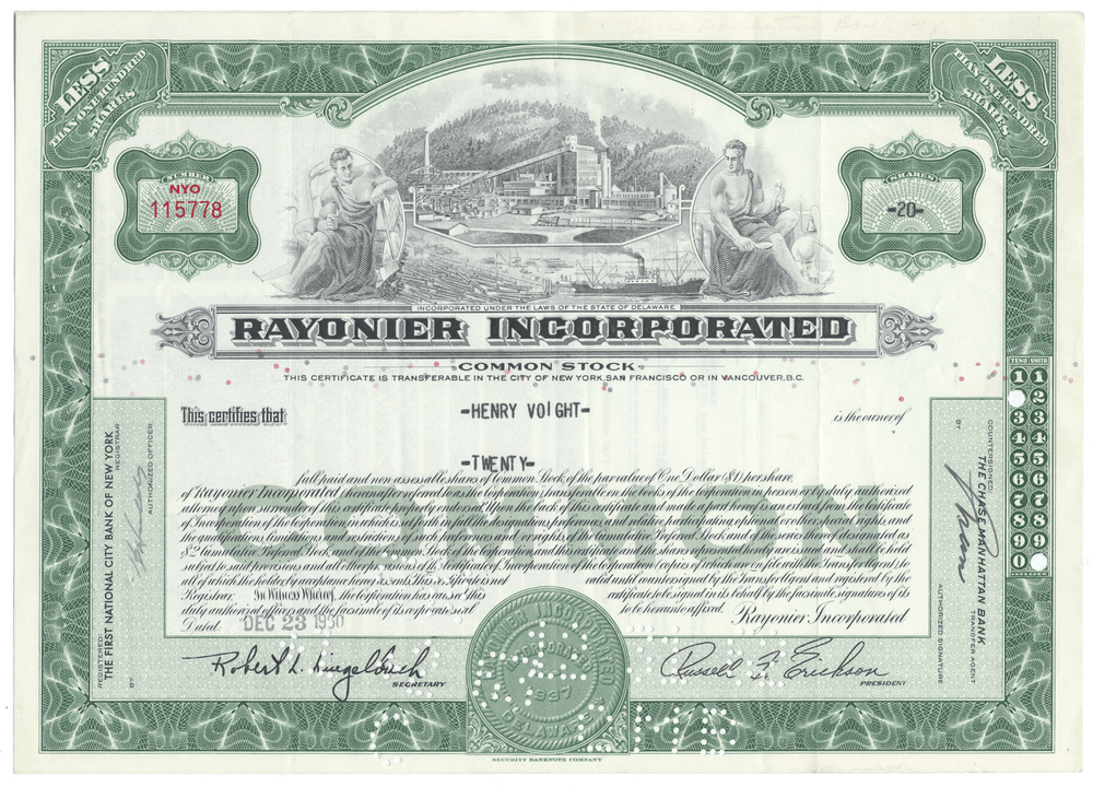 Rayonier Incorporated Stock Certificate