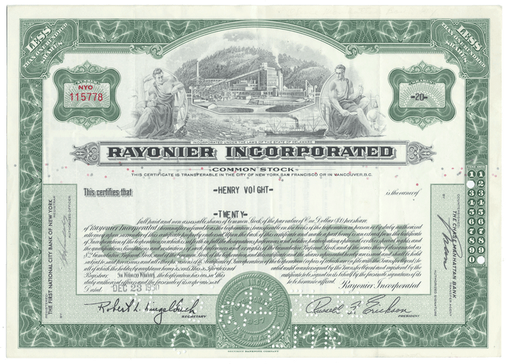 Rayonier Incorporated Stock Certificate