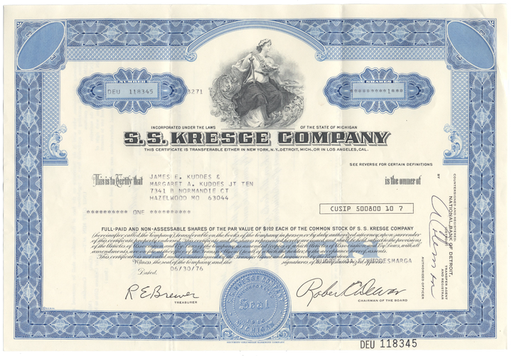 S. S. Kresge Company Stock Certificate