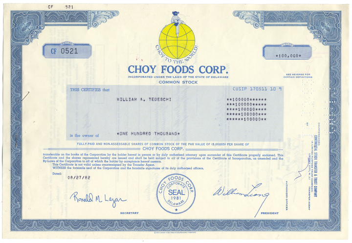 Choy Foods Corp. Stock Certificate