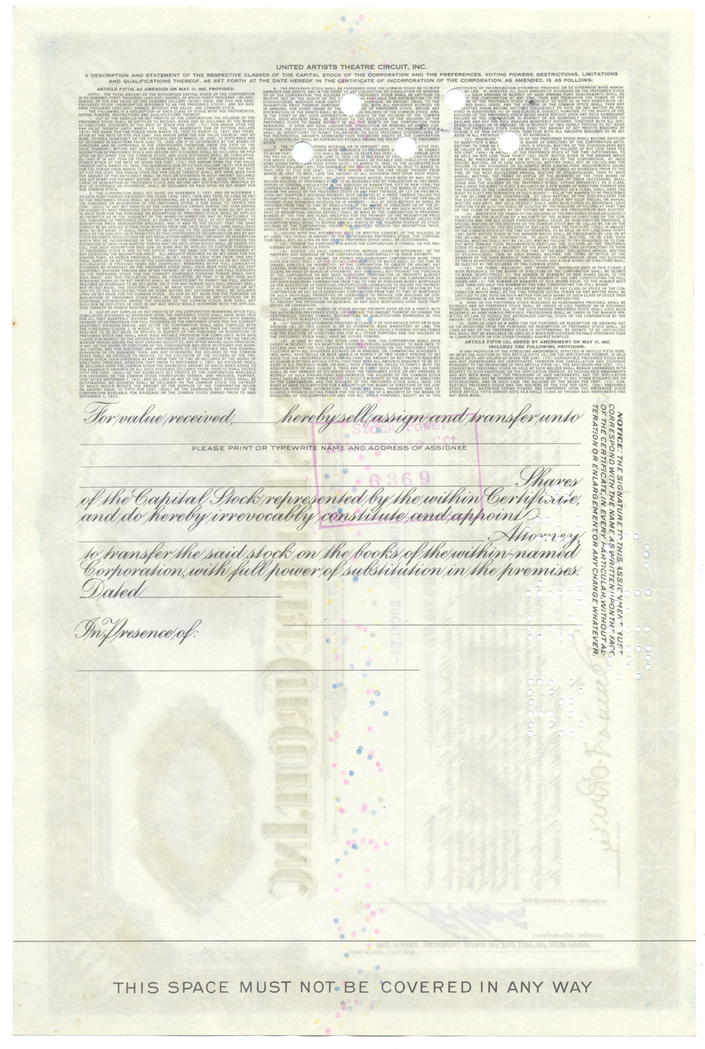 United Artists Theatre Circuit, Inc. Stock Certificate