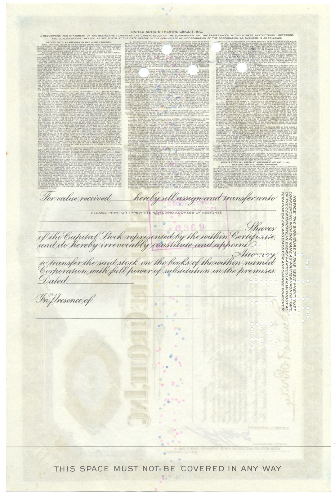 United Artists Theatre Circuit, Inc. Stock Certificate