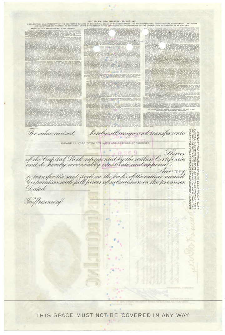 United Artists Theatre Circuit, Inc. Stock Certificate