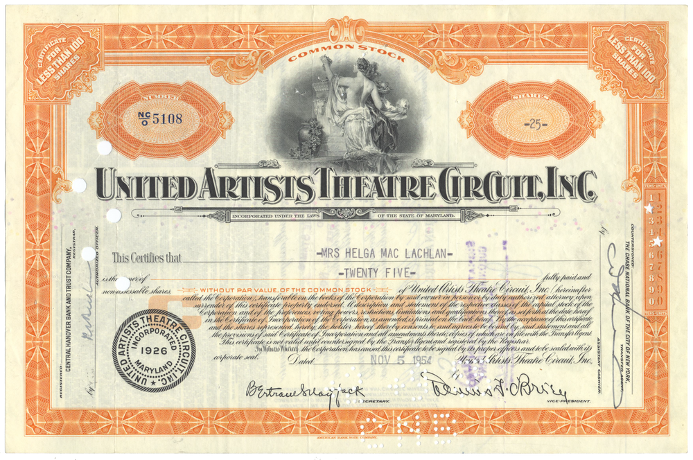 United Artists Theatre Circuit, Inc. Stock Certificate