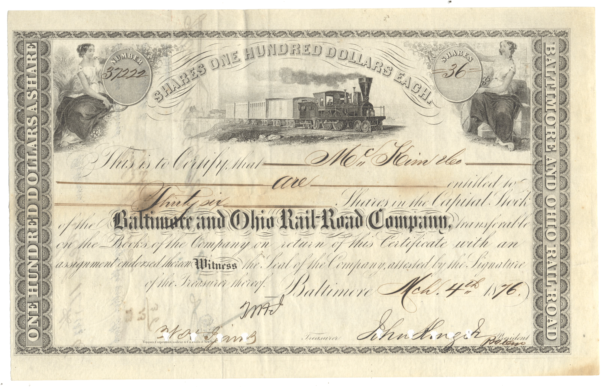 An antique stock certificate from the Baltimore and Ohio Rail-Road Company from 1876
