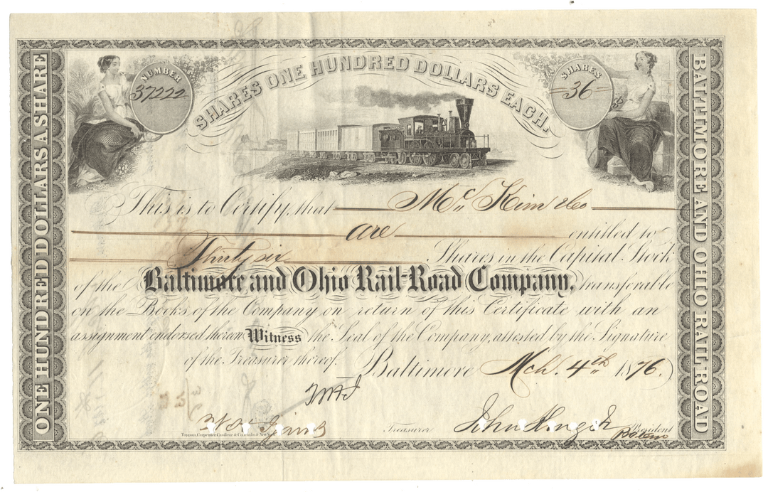 An antique stock certificate from the Baltimore and Ohio Rail-Road Company from 1876