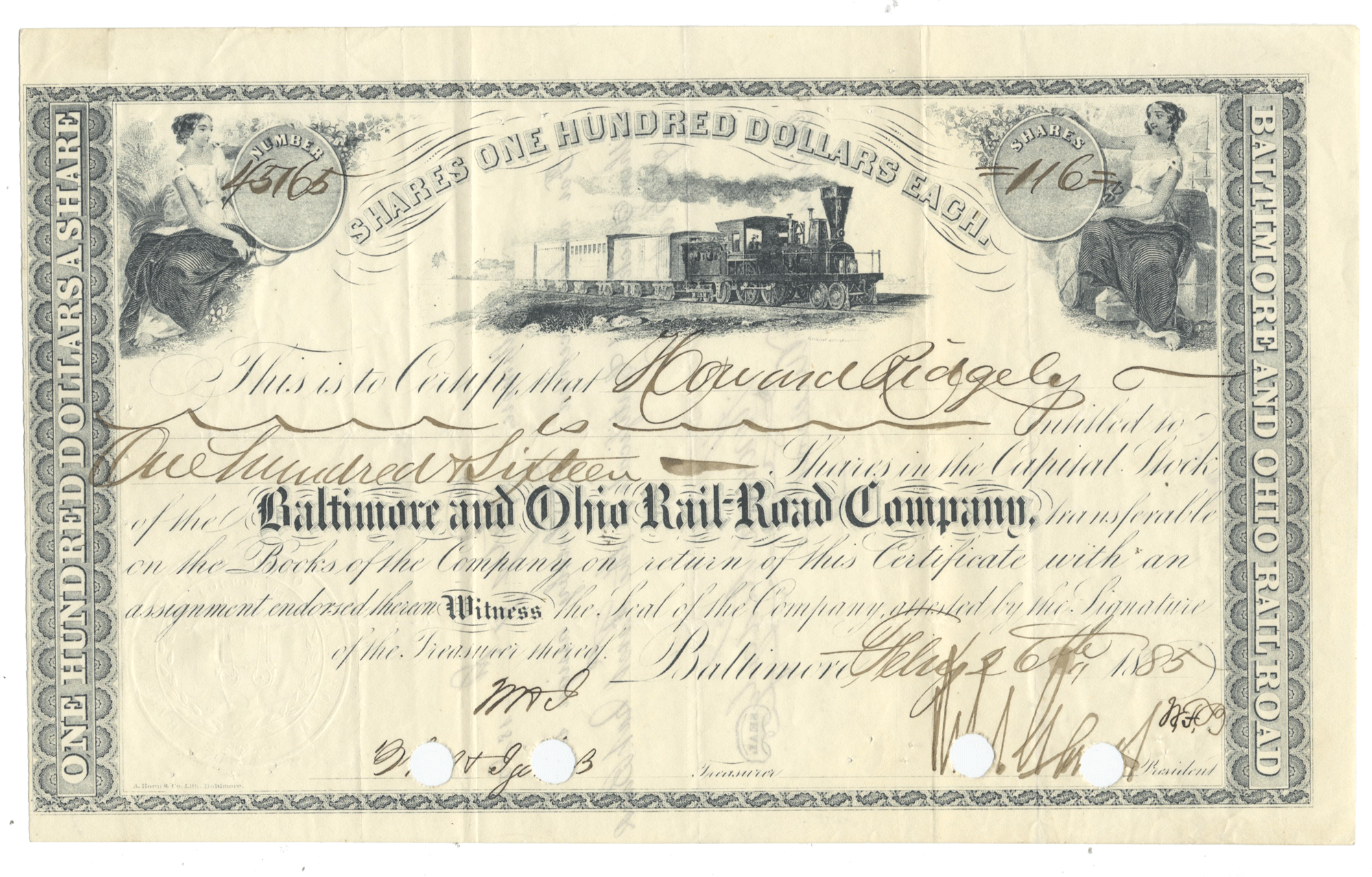 Historical stock certificate from the Baltimore and Ohio Railroad Company with a steam locomotive illustration from 1885