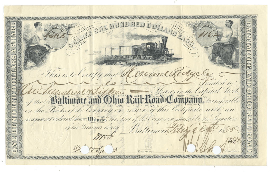Historical stock certificate from the Baltimore and Ohio Railroad Company with a steam locomotive illustration from 1885