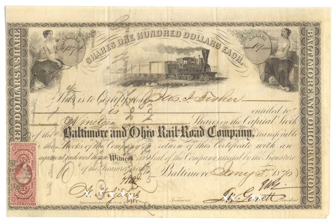 Baltimore and Ohio Rail-Road Company Stock Certificate Signed by John Work Garrett
