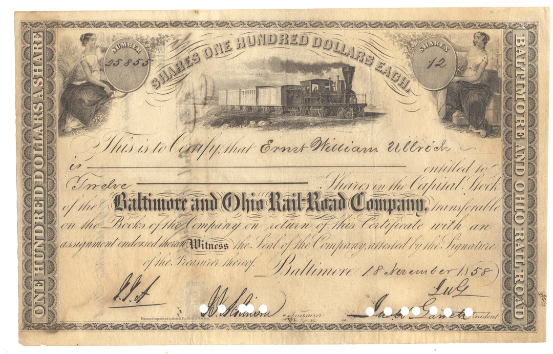Baltimore and Ohio Rail-Road Company  stock certificate from 1858 signed by John Work Garrett