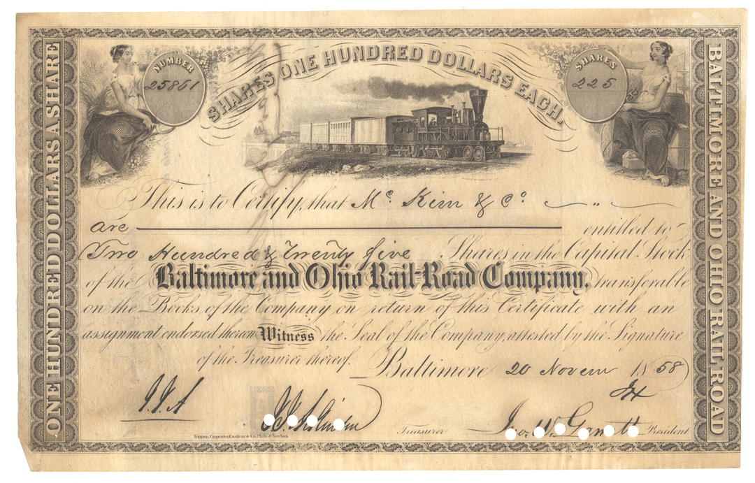 Baltimore and Ohio Rail-Road Company stock certificate from 1858 Signed by John Work Garrett