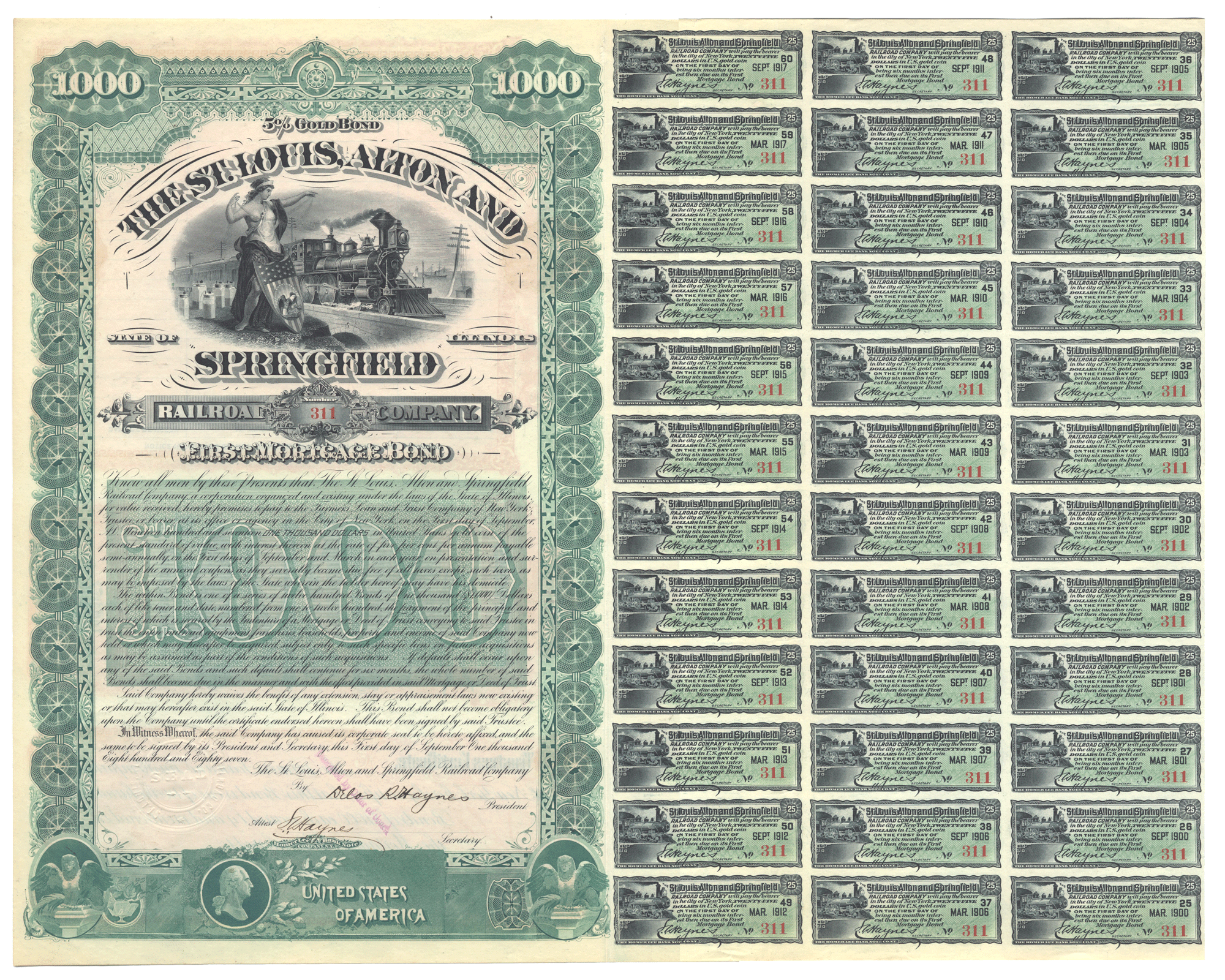 Vintage bond certificate for the St. Louis, Alton and Springfield Railroad Company from 1887
