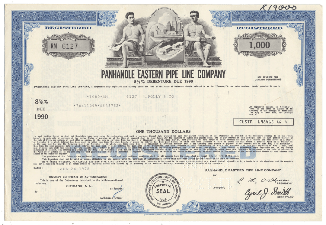A vintage Panhandle Eastern Pipe Line Company stock certificate dated 1978