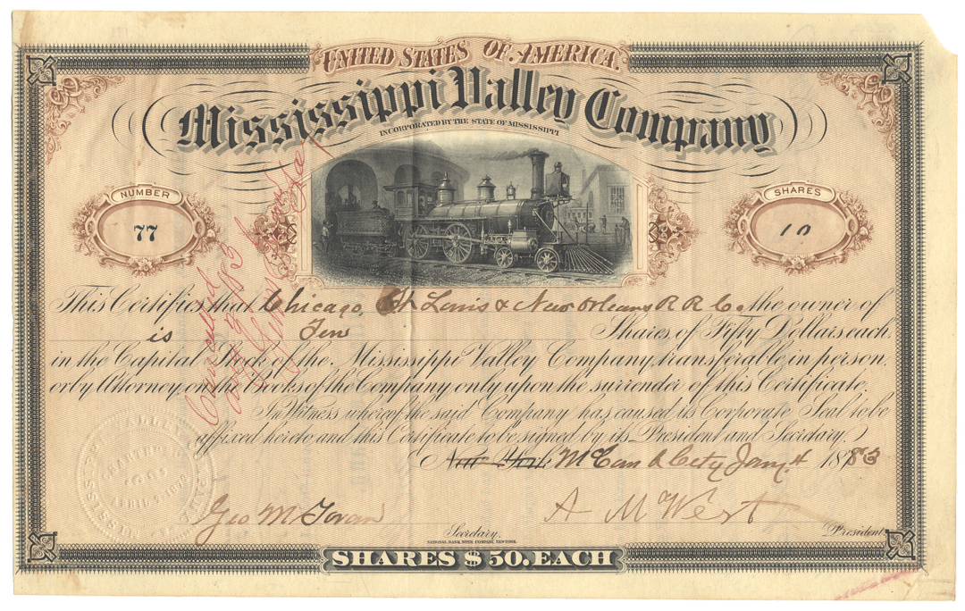 Mississippi Valley Company  Stock Certificate Signed by Absolom West