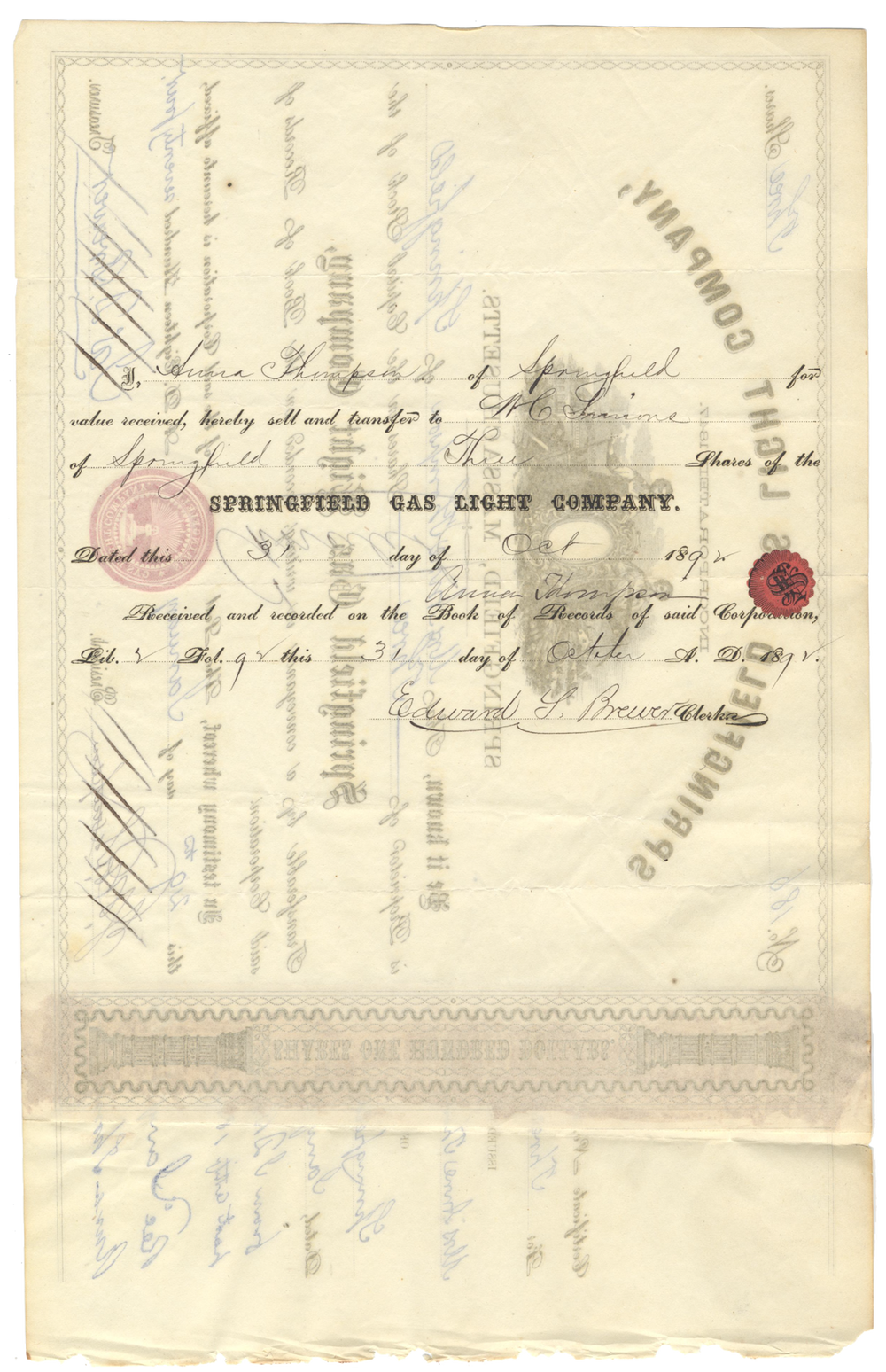 Springfield Gas Light Company Stock Certificate