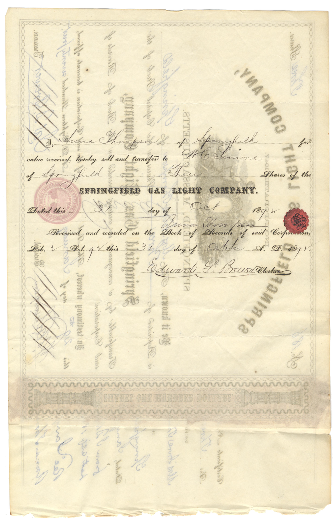 Springfield Gas Light Company Stock Certificate