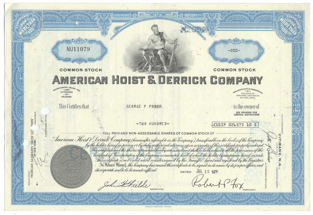 Vintage stock certificate of the American Hoist & Derrick Company with blue and white design.