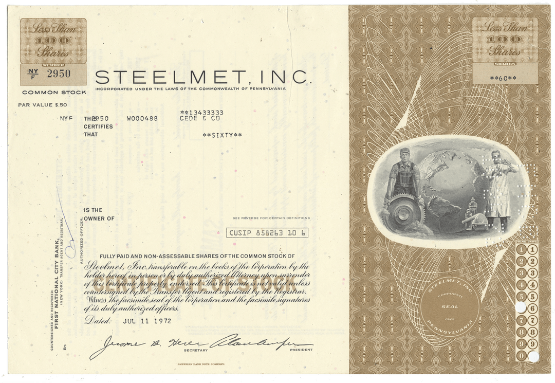 Steelmet, Inc. Stock Certificate dated 1972