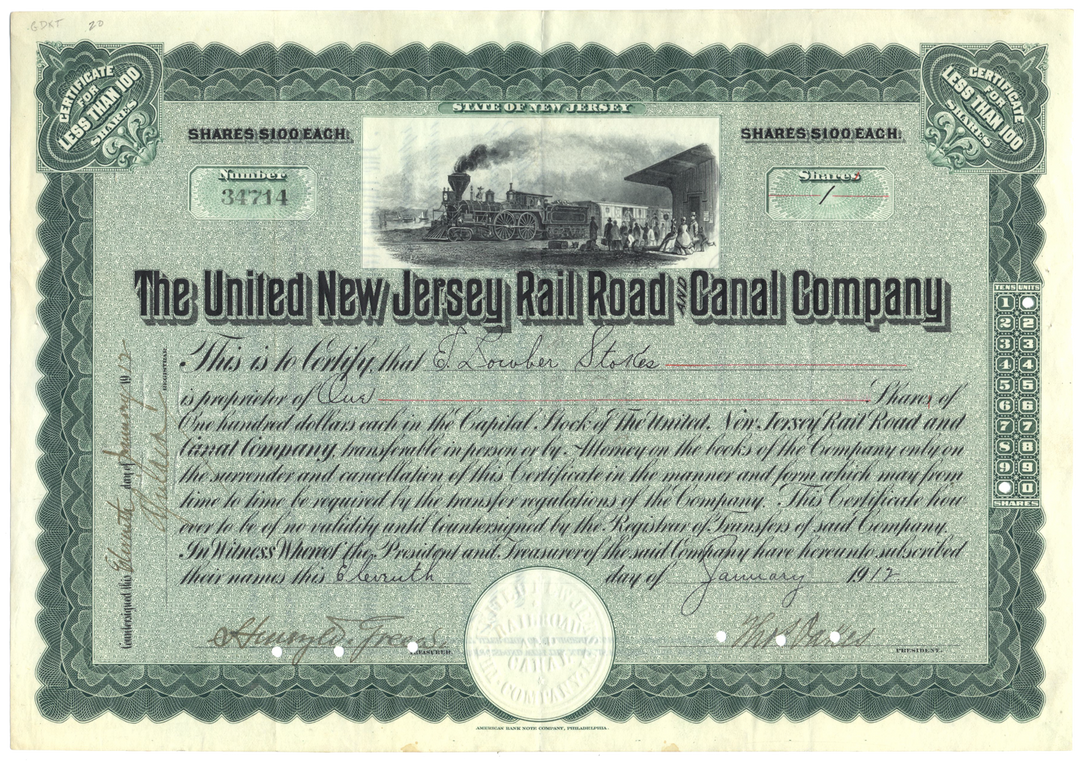 United New Jersey Railroad and Canal Company Stock Certificate